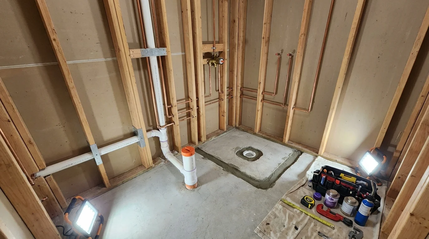 Bathroom rough-in plumbing during remodel by Johns Plumbing LLC in Mendenhall