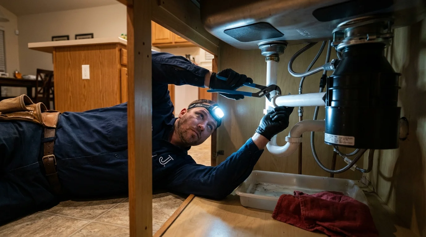 P-trap and supply line connections under a kitchen sink showing a common leak point in Mendenhall, MS